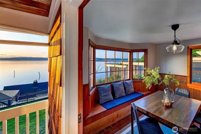 Tucked beside warm wood paneling and wrapped in glass, this view-filled dining nook feels like the prow of a ship. With every meal comes a panorama—Browns Point, Vashon Island, and the shifting colors of the Salish Sea. Whether sharing stories or sipping tea, this intimate perch offers front-row seating to the soul of the Sound.