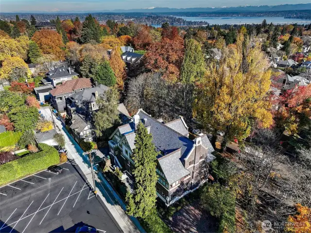 A view of Millionaire Row with the Volunteer Park water tower in the distance. This is a view along the alley between 14th and 13th Avenue East