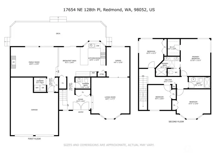 Two story floor plan highlights a highly functional layout with 4 bedrooms upstairs, including a spacious primary suite with walk in closet and 3/4 bath. Main level offers separate living and dining rooms, an open kitchen with island, breakfast area, and a large family room with fireplace, plus a powder bath, dedicated laundry, and direct access to an expansive deck for easy indoor outdoor living.