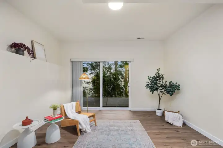 access to huge concrete patio thats wired for a sauna or hot tub