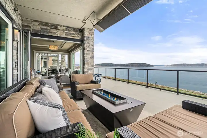 Built-in heaters in the outdoor sitting area as well. Outdoor speakers are included too.