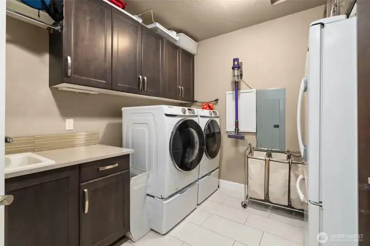 Separate laundry room with sink & storage. Washer, dryer and refrigerator in the laundry room are available for purchase.