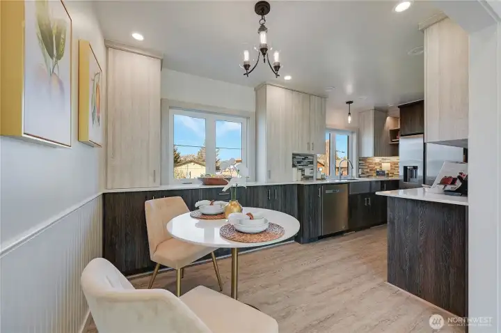 Custom designed kitchen cabinets continue from kitchen into dining room