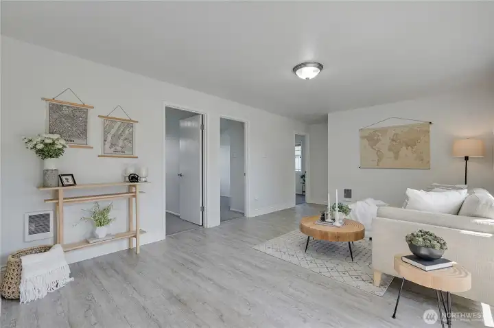 Family room showing the 3 bedroom open doorways