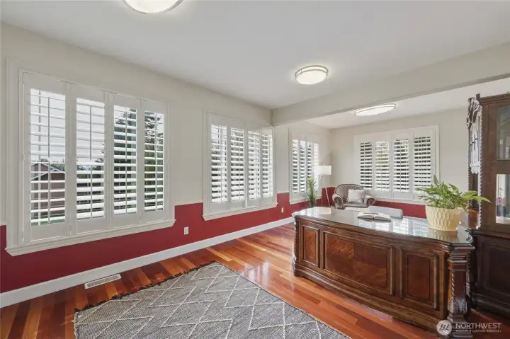 Large executive office with tons of windows peering out over the neighborhood and shutters for more privacy when needed. (The desk and matching cabinet can stay!)