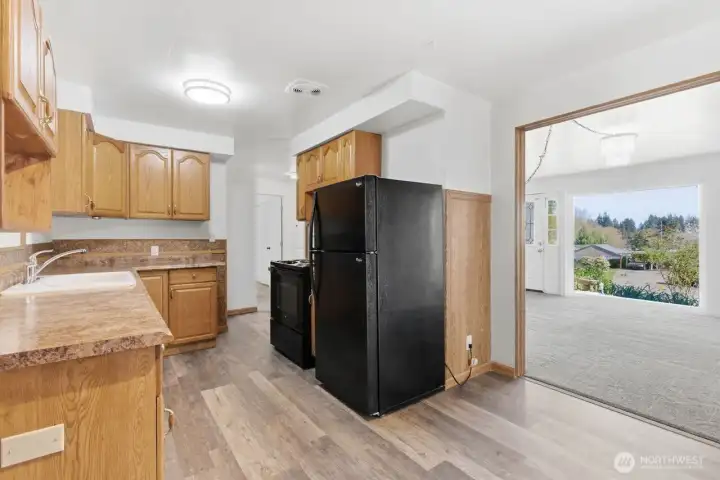 Kitchen view into living room.