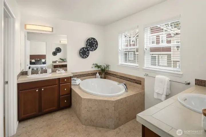 Spa inspired bathroom with dual vanity and soaking tub