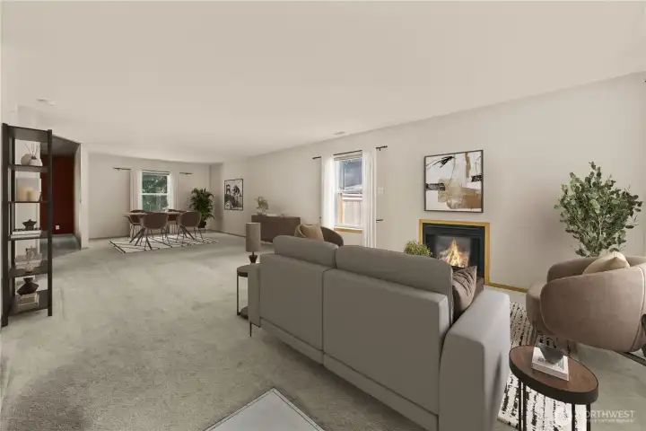 Virtually staged living room and dining room.