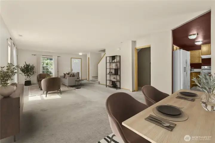 Virtually staged dining toward living room.