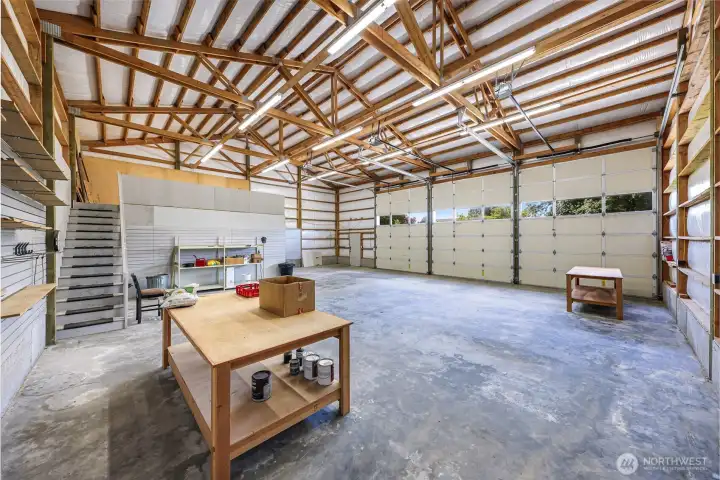 Inside of shop with loft and office.