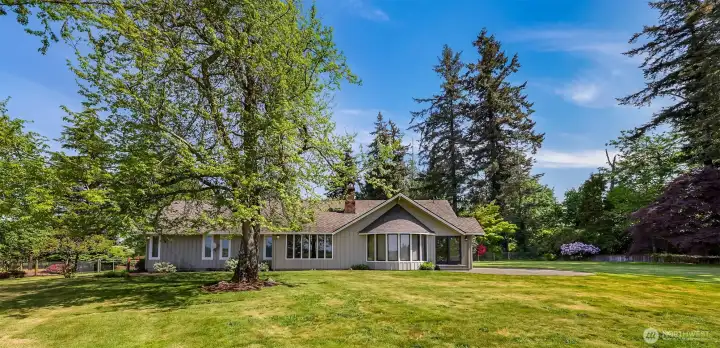 View of back of the house with old growth trees and beautiful flower beds.