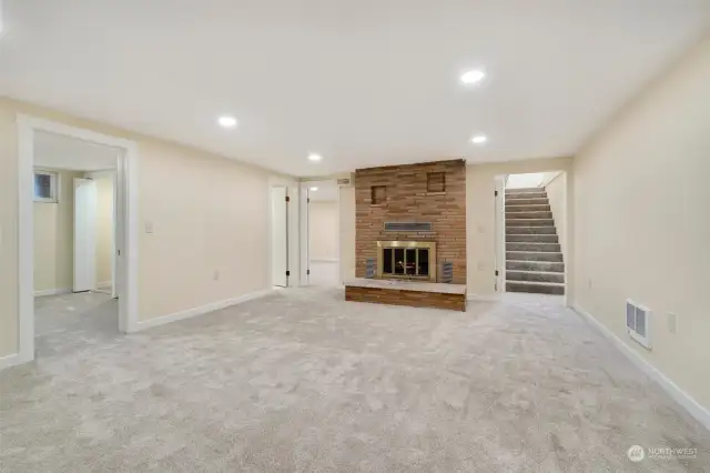 family room. fireplace. lower level