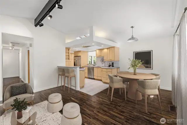 Main living area and dining virtually staged