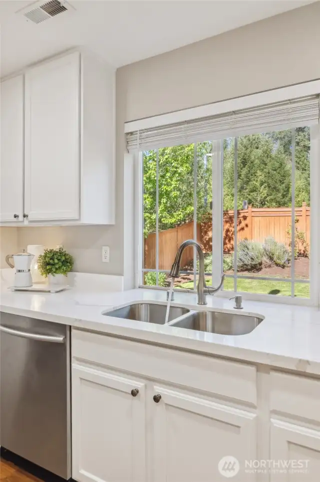 Picturesque window overlooking lush landscaping.