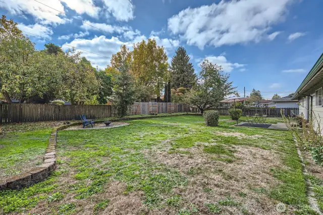 Highly utilizable backyard offers good privacy, multiple areas to entertain & raised planter beds