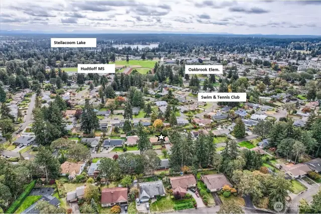 View to the South: Hudtloff Middle School/Field, Steilacoom Lake (public access at Edgewater park) and just a couple blocks away, the Oakbrook Swim & Tennis club