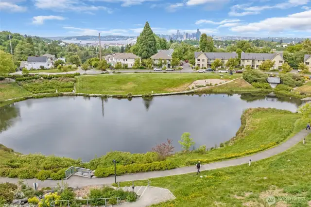 This pond, located on the North end of Viewpoint Park is next to the home with scenic walking trails. High Point is the highest point in Seattle showcasing incredible views of the city, sound/Elliott Bay, and Cascade Mountains. High Point’s innovative natural drainage system manages storm water on site, improves water quality, and even protects salmon habitat. Because Longfellow Creek Watershed is Seattle’s most productive salmon-spawning stream, planners went to great lengths to ensure the neighborhood would have the least amount of impact on it. More than four miles of grass and vegetated swales are in place at High Point, filtering the water naturally before it gets to Puget Sound helps to protect marine wildlife.