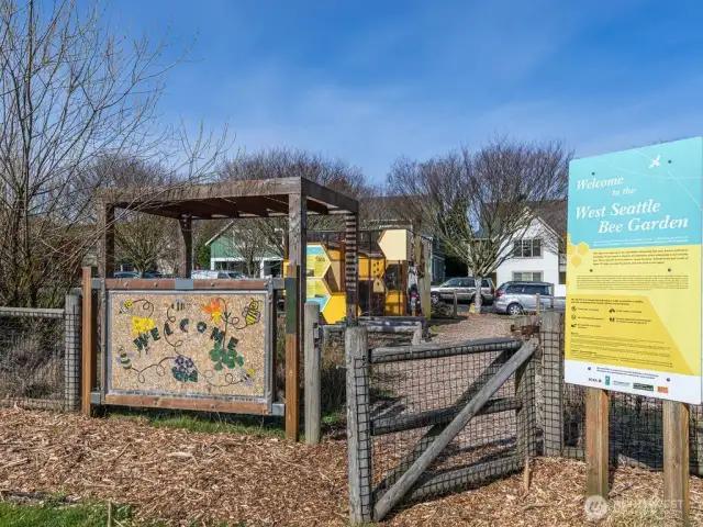West Seattle Bee Garden is located at High Point Commons Park. This part of the park has a beehive enclosure, mason bee house, butterfly house, and variety of plants. There are benches, tables, and a second community P-Patch.