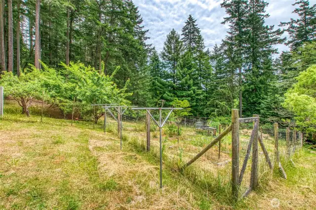 The lower garden contains raised beds and a small orchard.