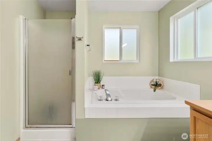 Spacious primary bathroom offering both a soaking tub and a separate shower