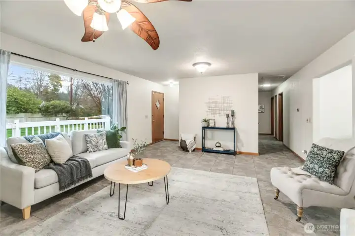 Living Room towards bedrooms - home has heat pump to cool and heat,