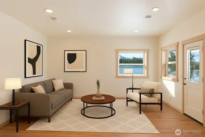 Cozy living room view. Virtually staged.