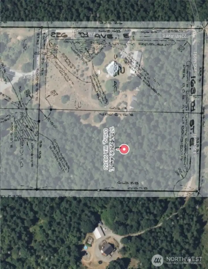 You will enter on 168th St E, the property will be on the right. Pink property line flags mark the line between Lot 1 and Lot 2. I did not see flags marking the East line.