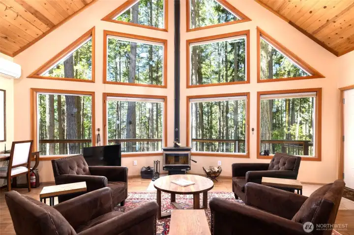 Home has soaring wood ceilings, hardwood floors and tons of windows.