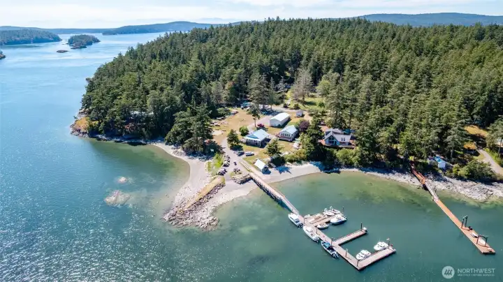Aerial showing A Dock, clubhouse and caretaker's house on Center island