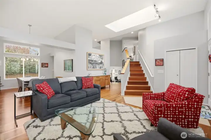 Main floor living room adjoins dining space