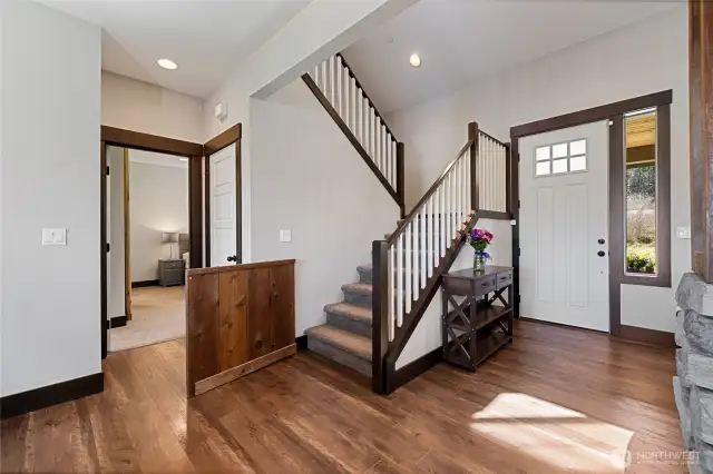 The spacious primary bedroom is conveniently located on the main level.