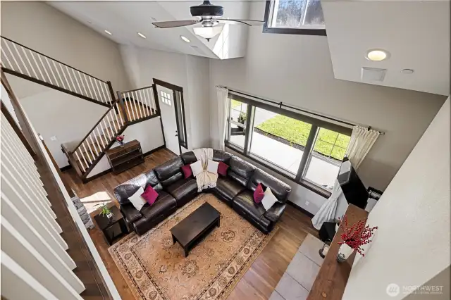 View of the main living space from the second-floor hallway.