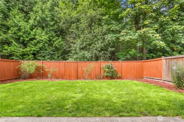 Fully fenced backyard with three pedestrian gates.