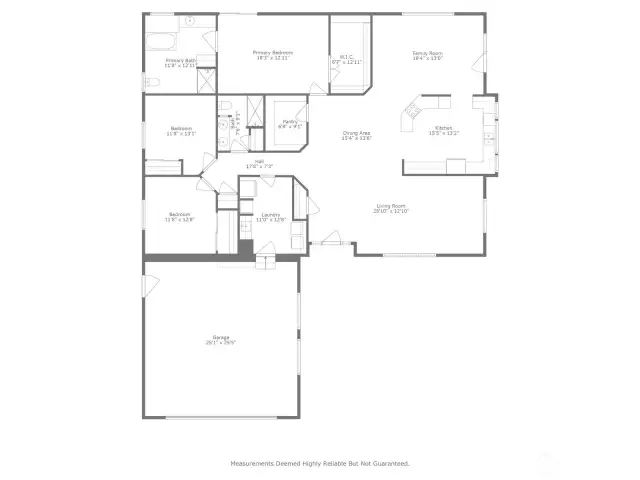 Spacious single-level living! Featuring 3 bedrooms, 2 baths, an open kitchen with walk-in pantry, multiple living areas, and a generous primary suite with walk-in closet. Oversized 2-car garage adds plenty of storage and convenience. Floorplan for reference – room sizes are approximate and not guaranteed.