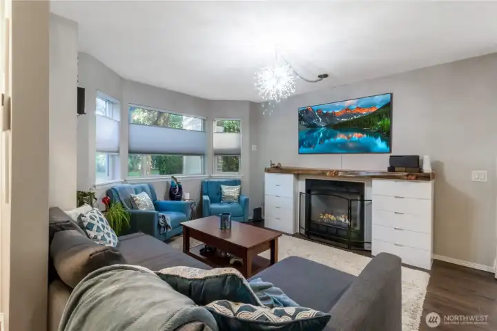Gas fireplace with live edge mantle & extra storage, LED lighting and top down/bottom up shades for both light & privacy.