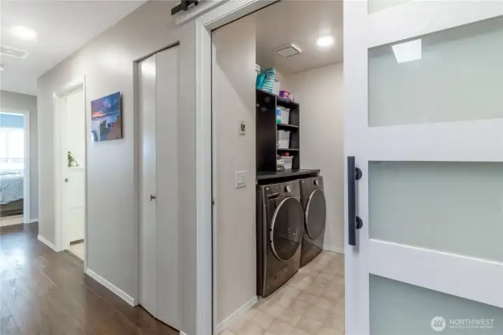 Brand new LG smart washer & dryer and custom shelving for added storage.