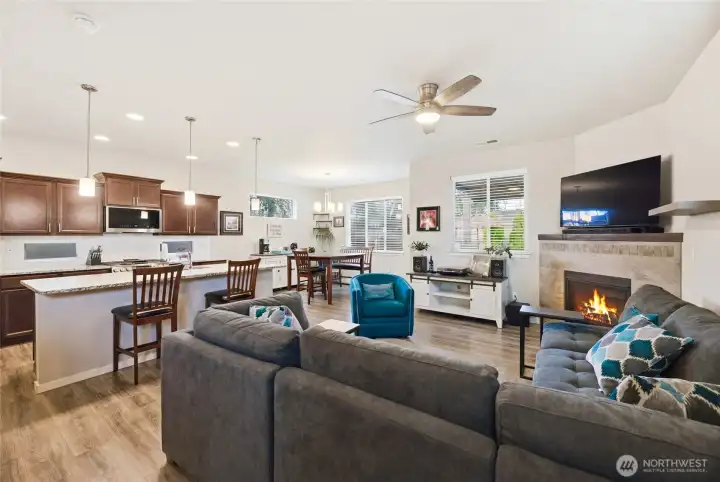 Bright living area with gas fireplace