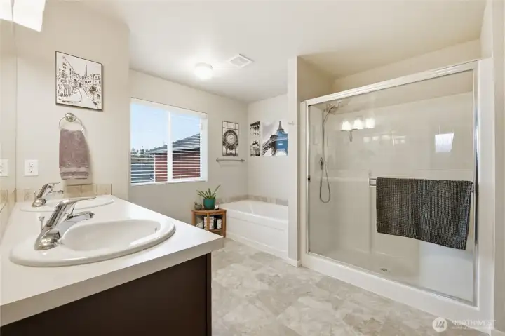 Primary en-suite with walk-in shower and bath