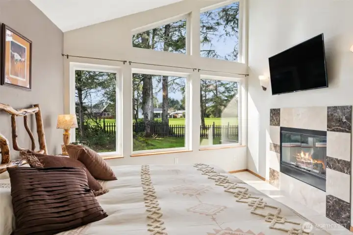 Downstairs Primary Suite with floor-to-ceiling windows & fireplace