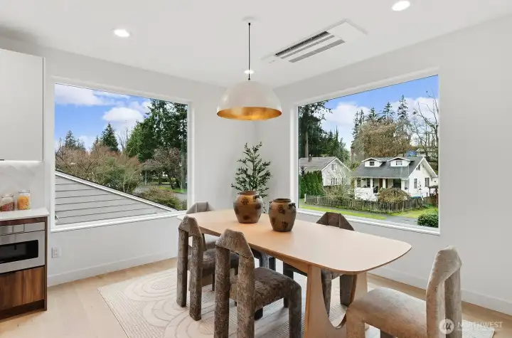 The spacious dining area has room for guests.