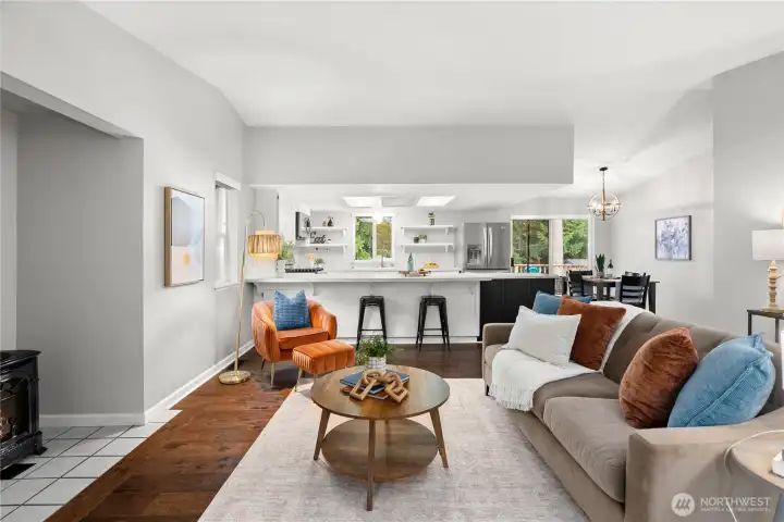 Living room with eat in kitchen