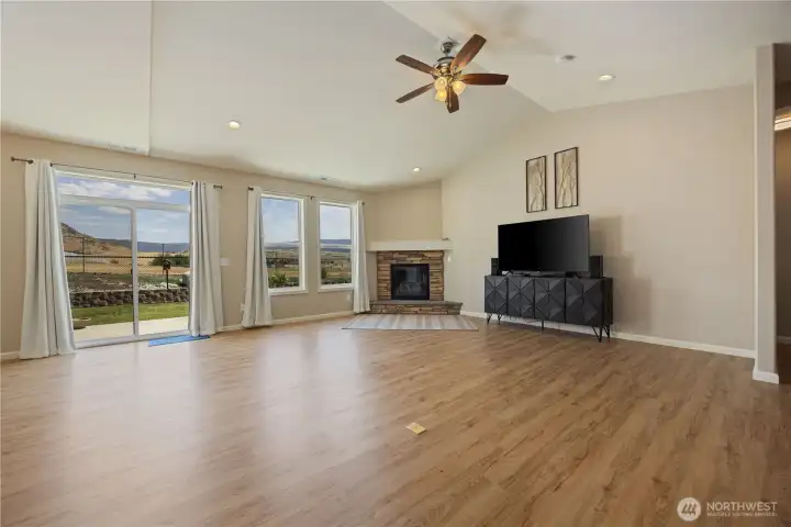 Spacious Vaulted Living with Propane Fireplace.