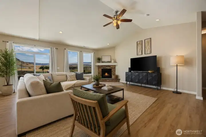 Spacious Vaulted Living with Propane Fireplace. *Ai Enhanced Photo and virtually staged