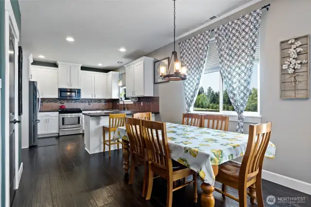 View of eating space and kitchen from the great room.
