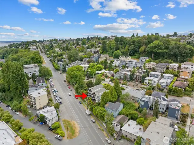 Aerial view headed southwest on Thorndyke Ave W.