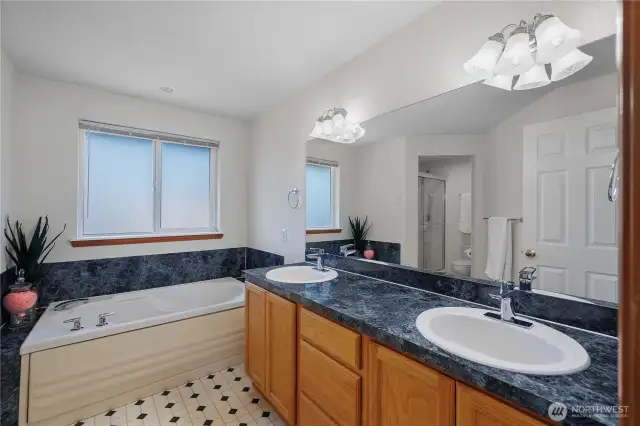 Double sinks! And large jetted tub.