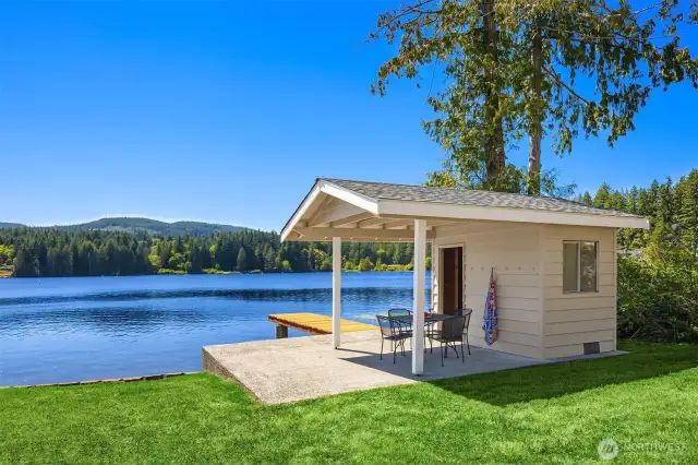 Covered seating area at the lake