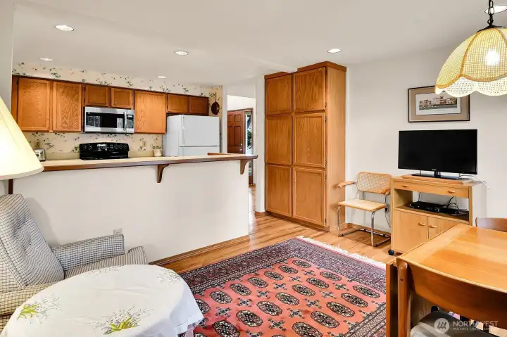 Add a couple barstools to utilize a handy breakfast bar between family room and kitchen.