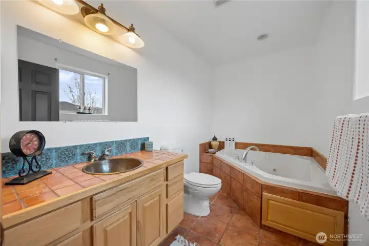Primary bedroom bathroom and jacuzzi tub