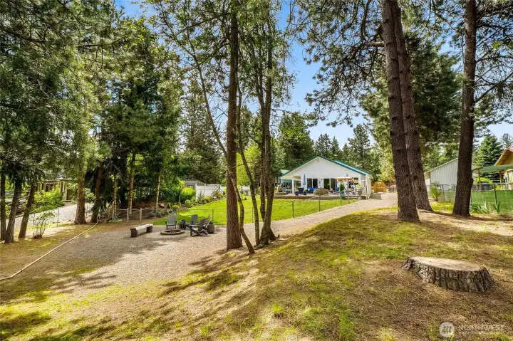 Another angle of the outdoor fire pit area under mature trees